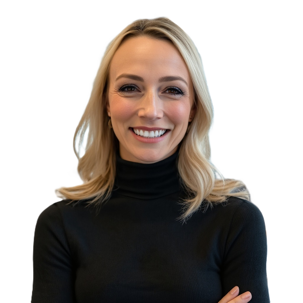 blonde hair woman in black sweater smiling