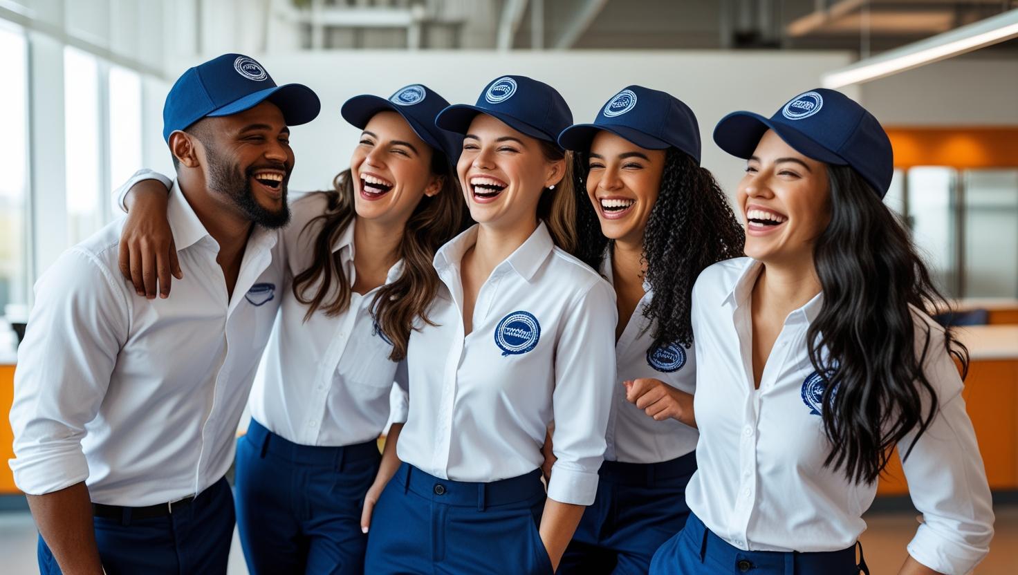 coworkers having fun in branded uniforms