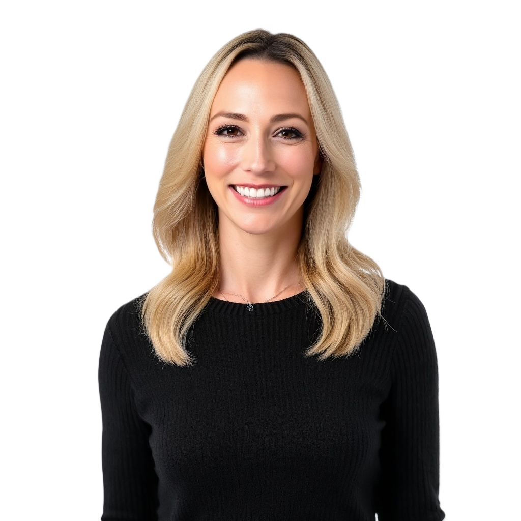 blonde woman smiling wearing black sweater