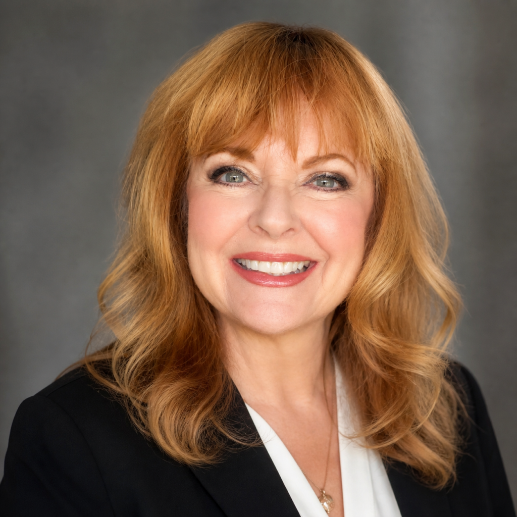 Blondish red-headed woman's headshot. In suit with gray background